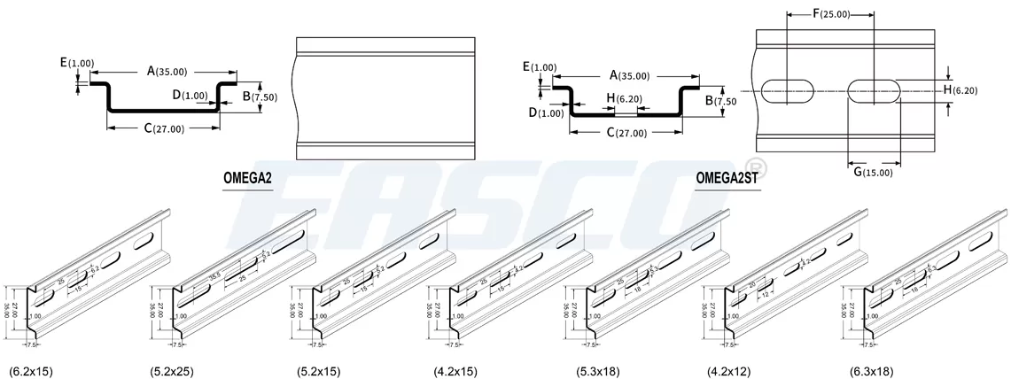 Technical Drawing of Omega2 Steel Din Rail