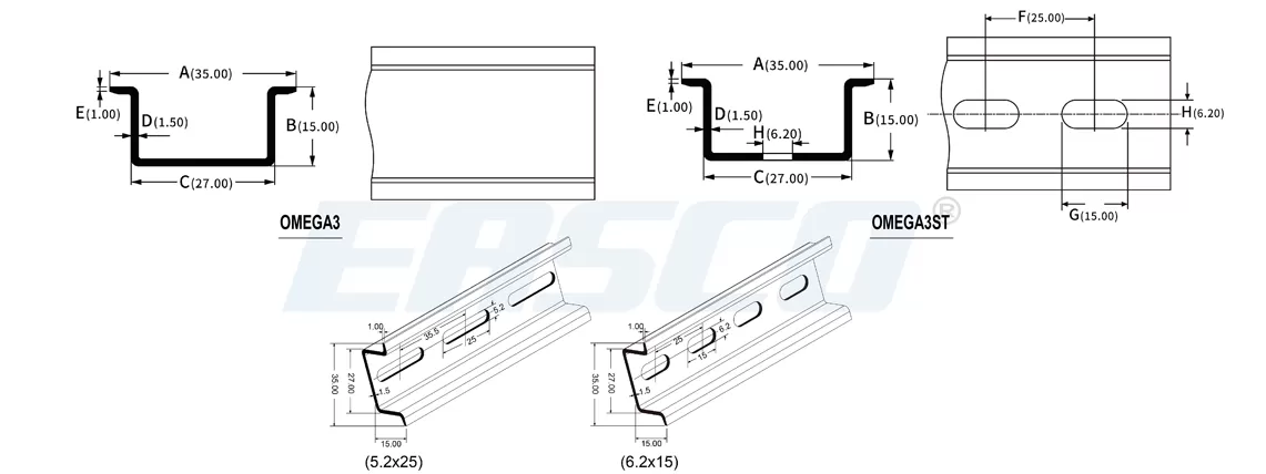 Technical Drawing of Omega3 Steel Din Rail