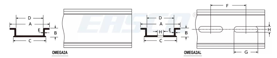 Technical Drawing of Omega2AL Aluminum Din Rail