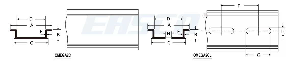 Technical Drawing of Omega2CL Aluminum Din Rail