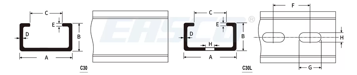 Technical Drawing of C30 Aluminum Din Rail