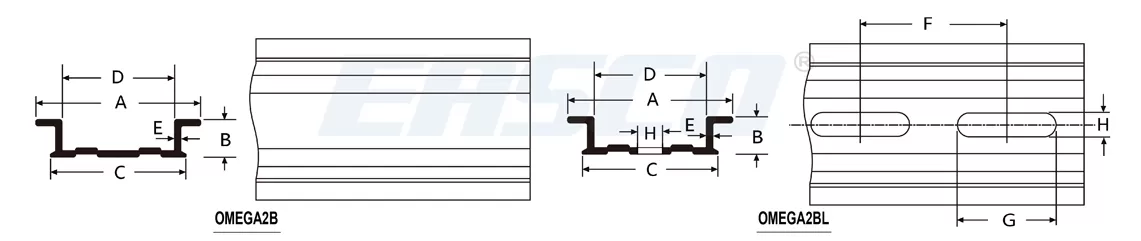 Technical Drawing of Omega2BL Aluminum Din Rail