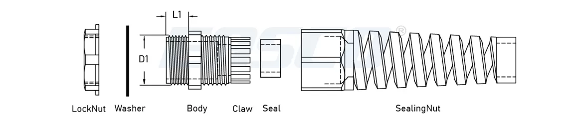 Technical Drawing of Strain Relief Cable Glands